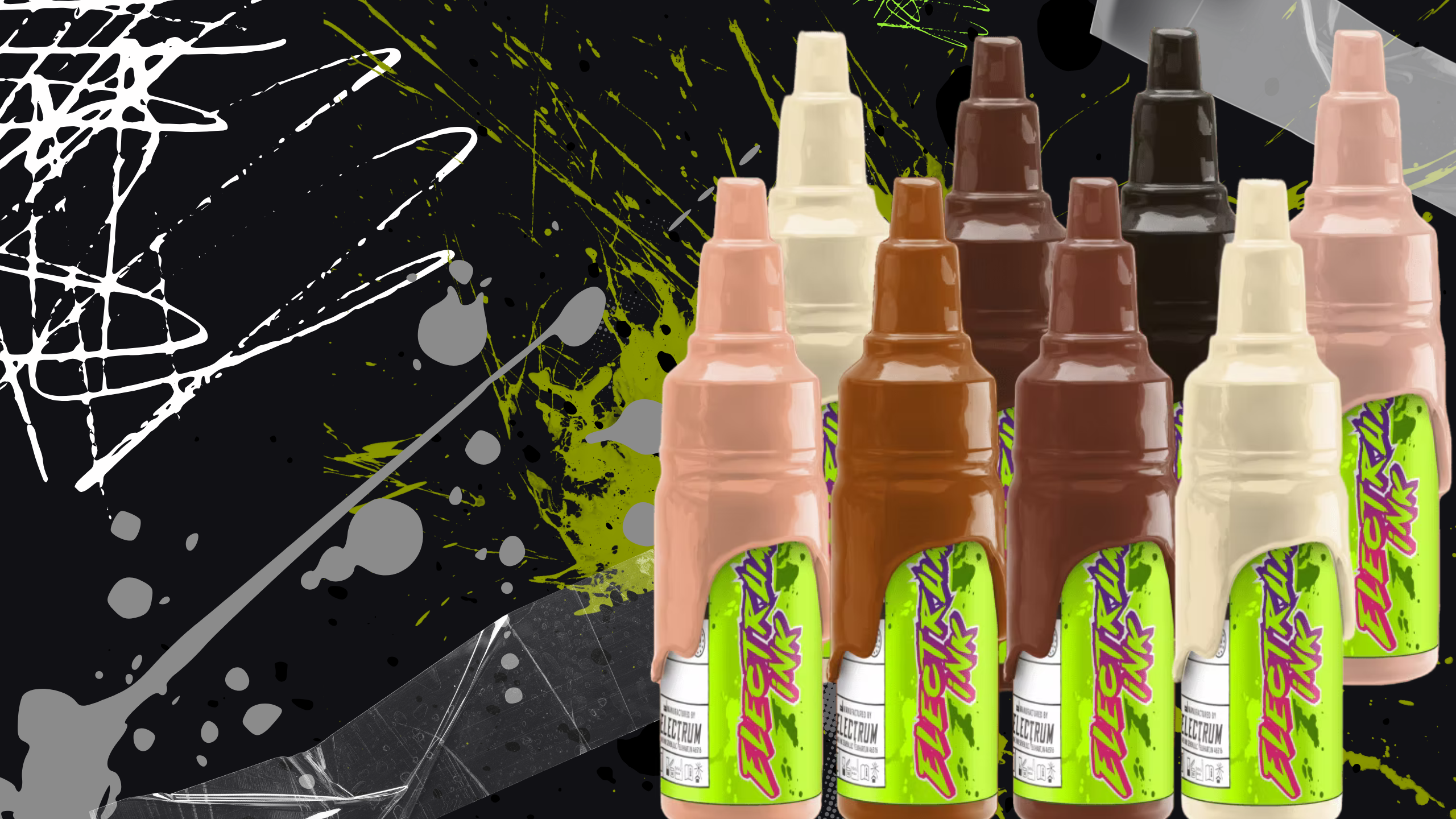 Electrum Ink Skin Tone Tattoo Inks – collection of beiges, browns, and neutral shades for natural gradients and lifelike tattoos.